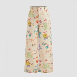 Courduroy colorful animal and fruit wide leg trousers